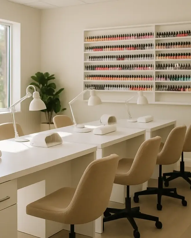 Bright, calm beauty studio interior with styling stations