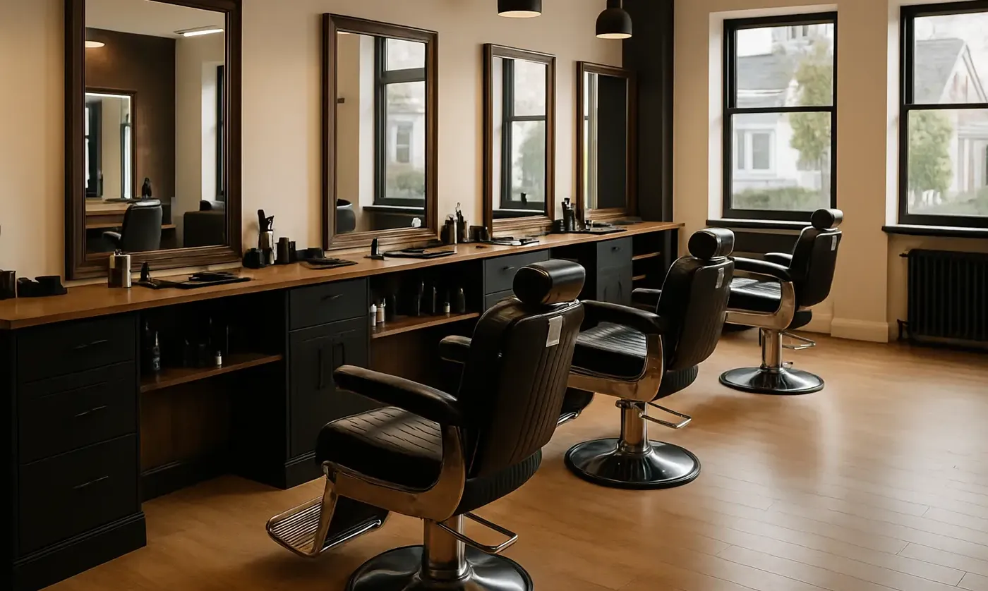 Moody barbershop interior with leather chairs and framed mirrors