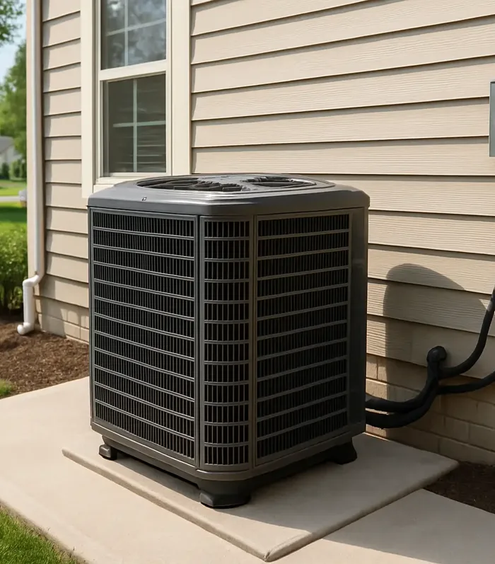 Residential air-conditioning condenser installed beside a home