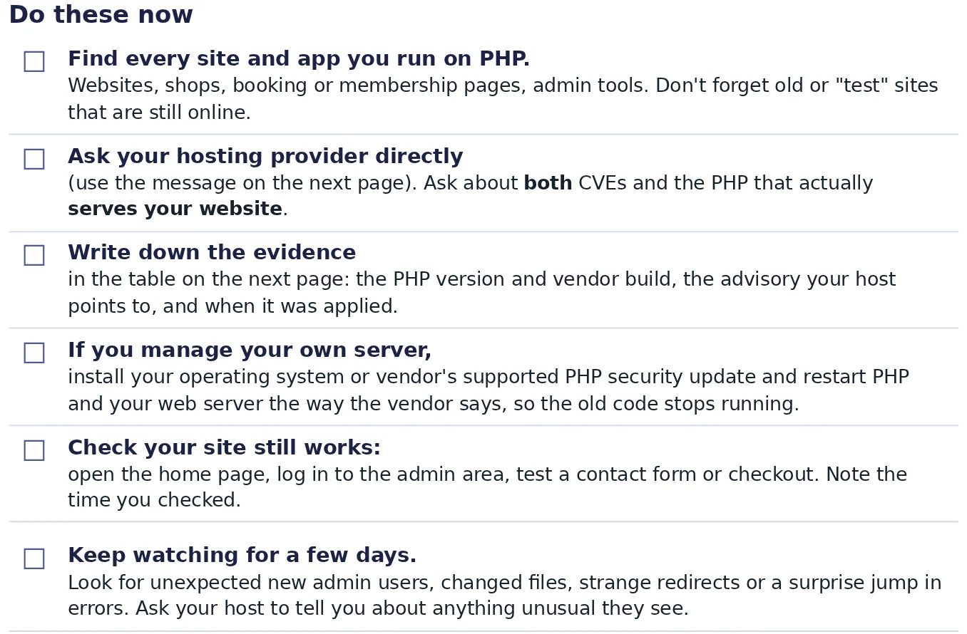 Excerpt from the PDF: six checkbox items, from finding every site and app you run on PHP to keeping watch for a few days.