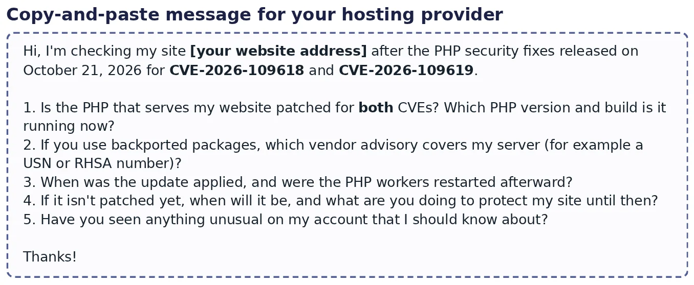 Excerpt from the PDF: the copy-and-paste message for your hosting provider, with five numbered questions about CVE-2026-109618 and CVE-2026-109619.