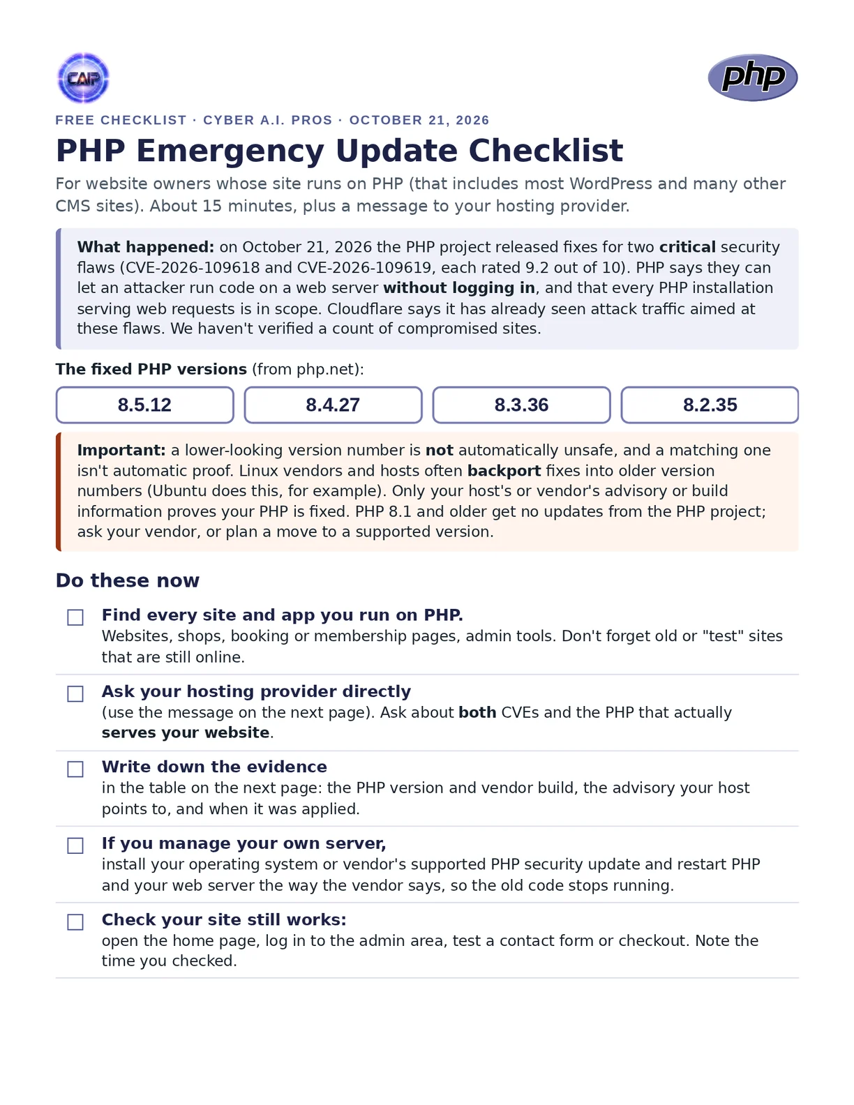 Page 1 of the PDF: the title, what happened, the four fixed PHP versions and the first five checks.