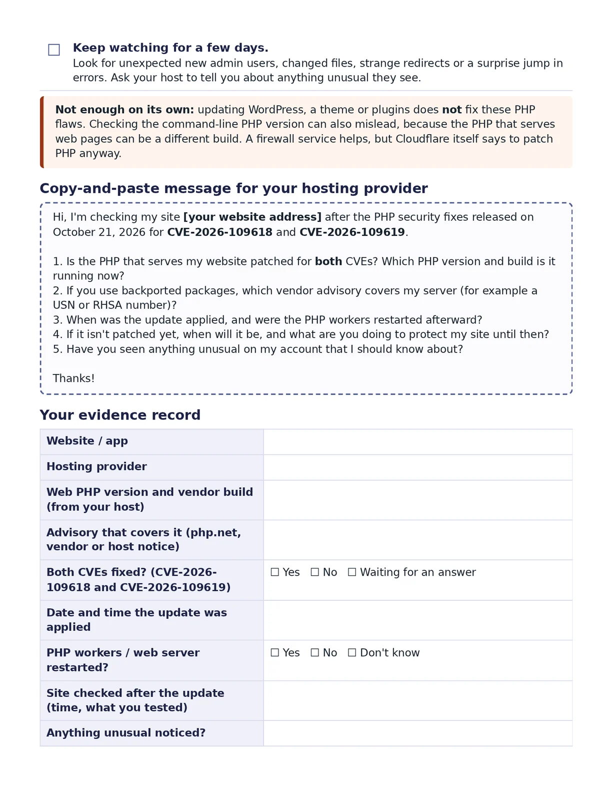 Page 2 of the PDF: the sixth check, the copy-and-paste message for your hosting provider and the evidence record table.