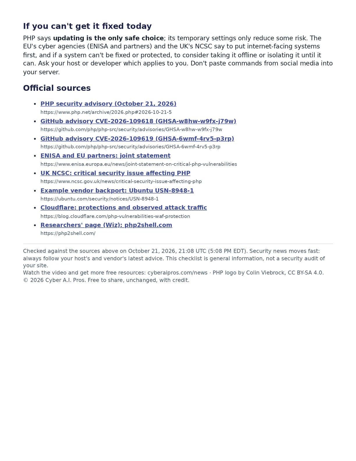 Page 3 of the PDF: what to do if it can't be fixed today, the official sources and when the checklist was checked.
