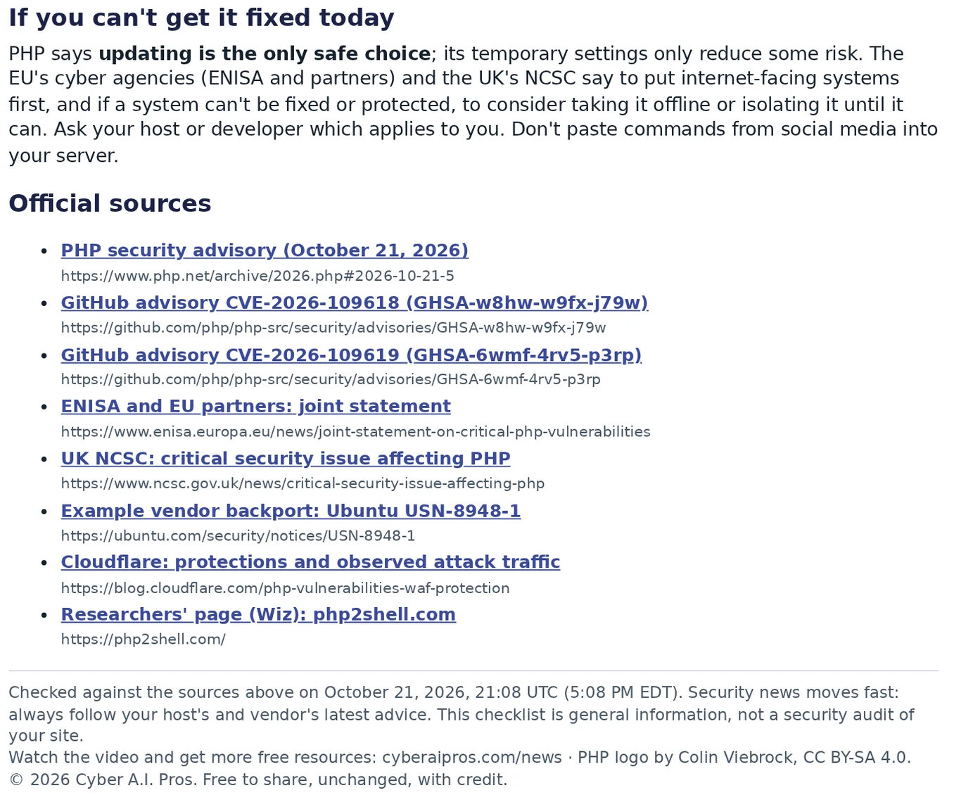 Excerpt from the PDF: the 'If you can't get it fixed today' guidance and the list of official sources, including php.net, GitHub advisories, ENISA, the UK NCSC, Ubuntu, Cloudflare and the researchers' page.